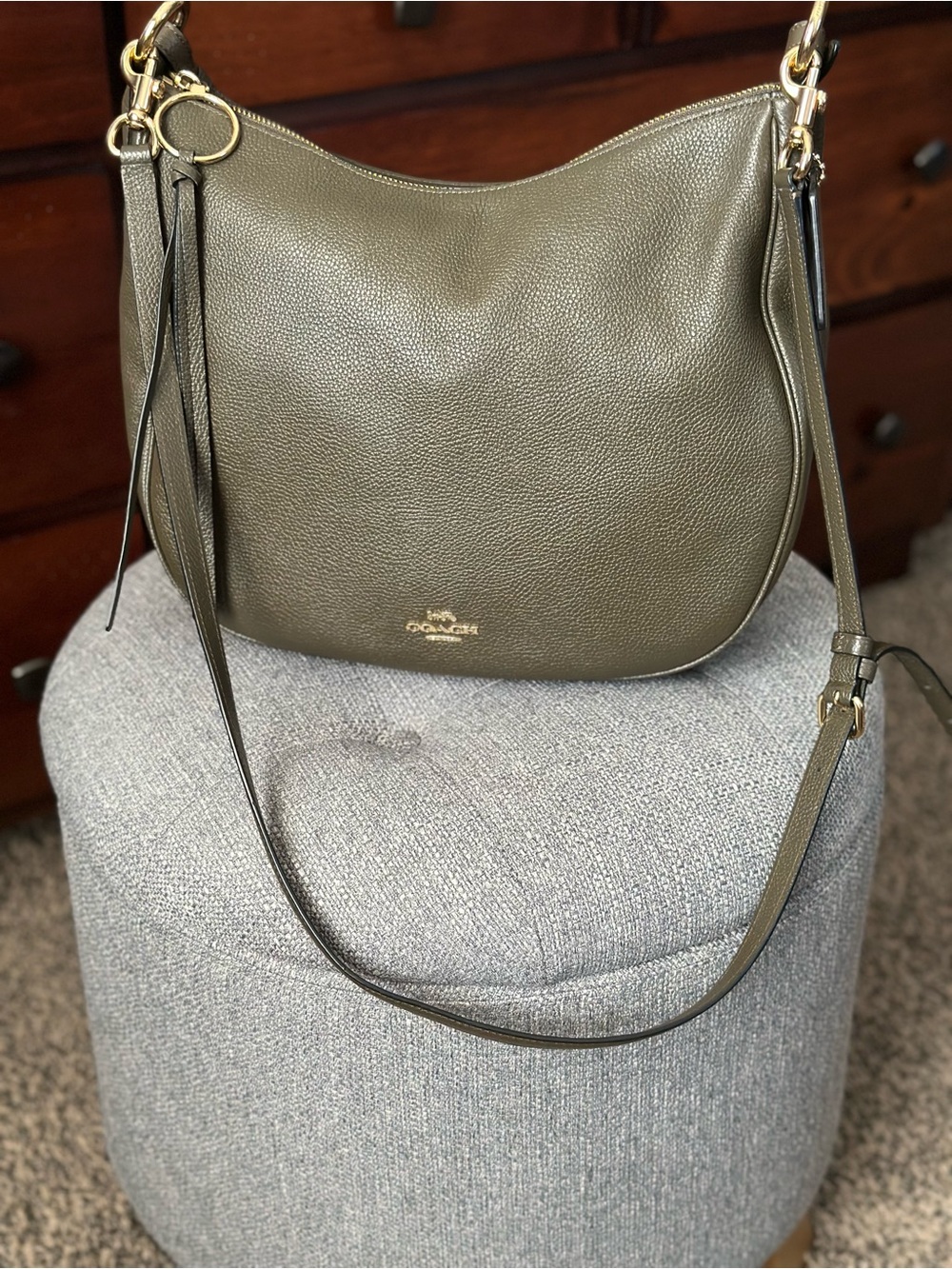 Coach Olive Brown Pebbled Leather Hobo with Tassel